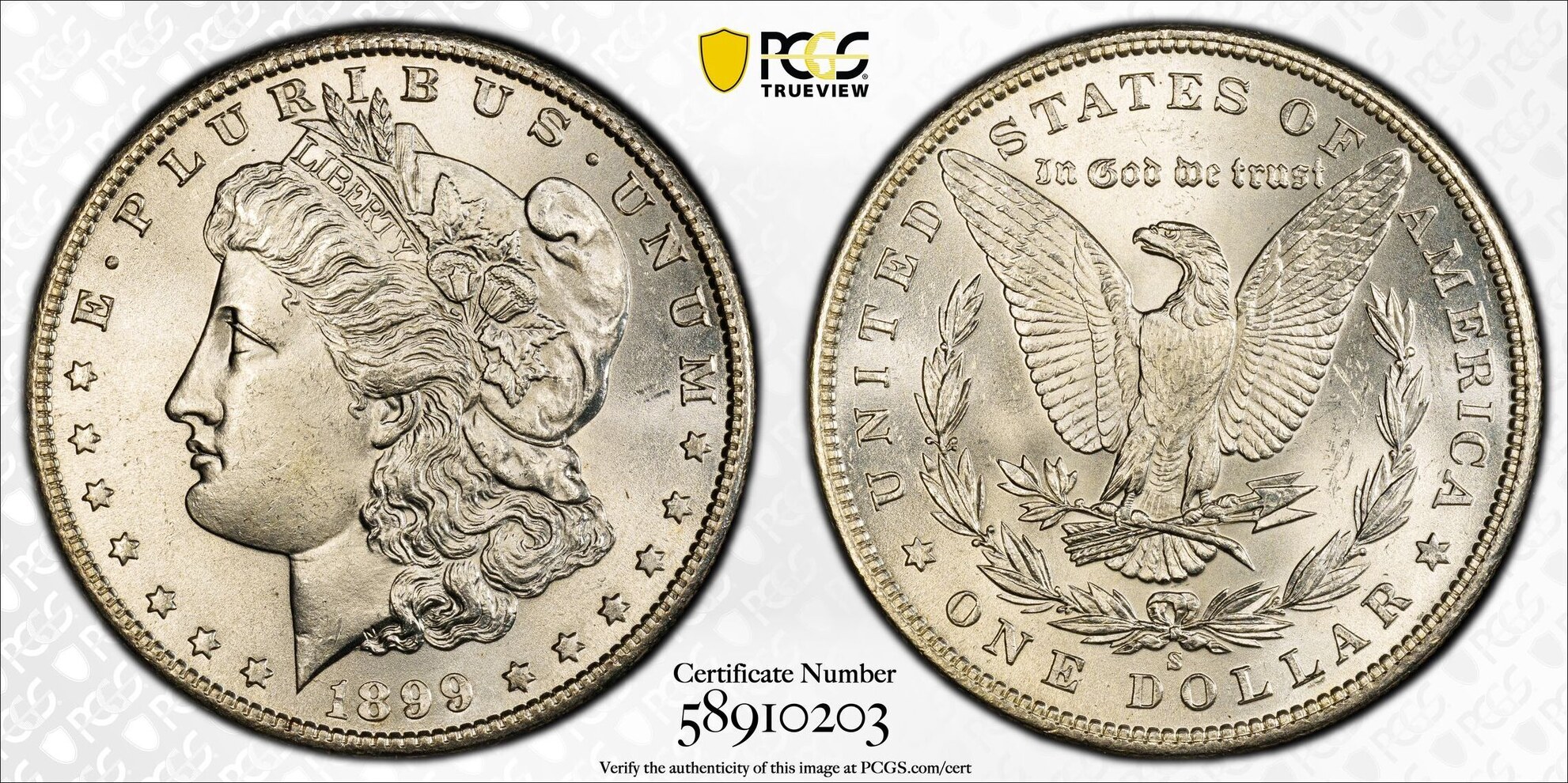 1 Dollar S$1 CAC PCGS Secure PCGS Plus 1899-S Morgan Dollar MS65
