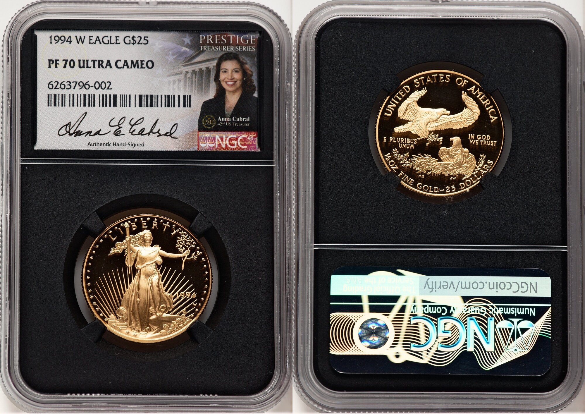 US Proof Gold Eagle 1/2 oz Anna Cabral Prestige Treas 1994-W