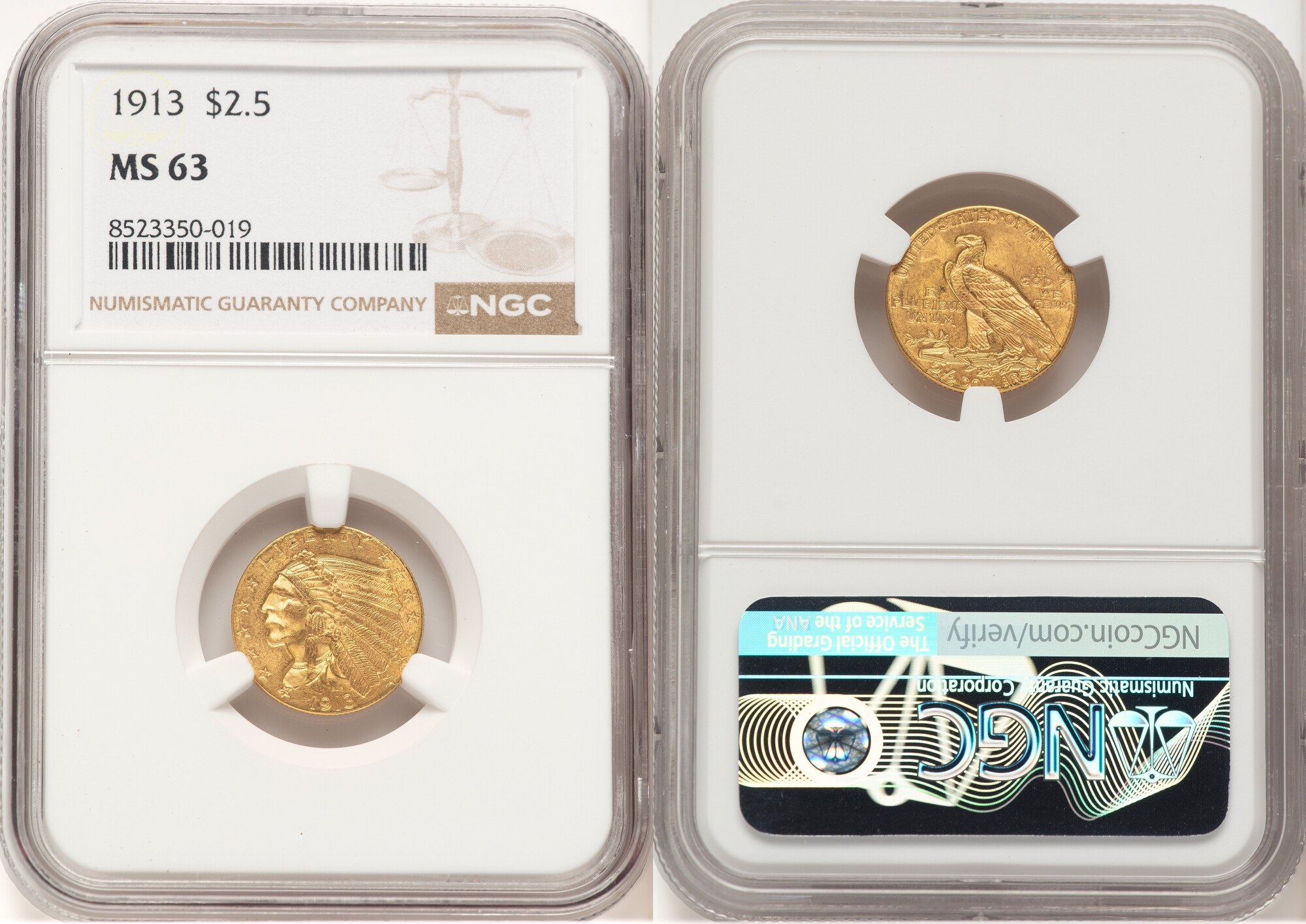 US $2 1/2 1913 Indian $2.5 NGC MS63 | MA-Shops