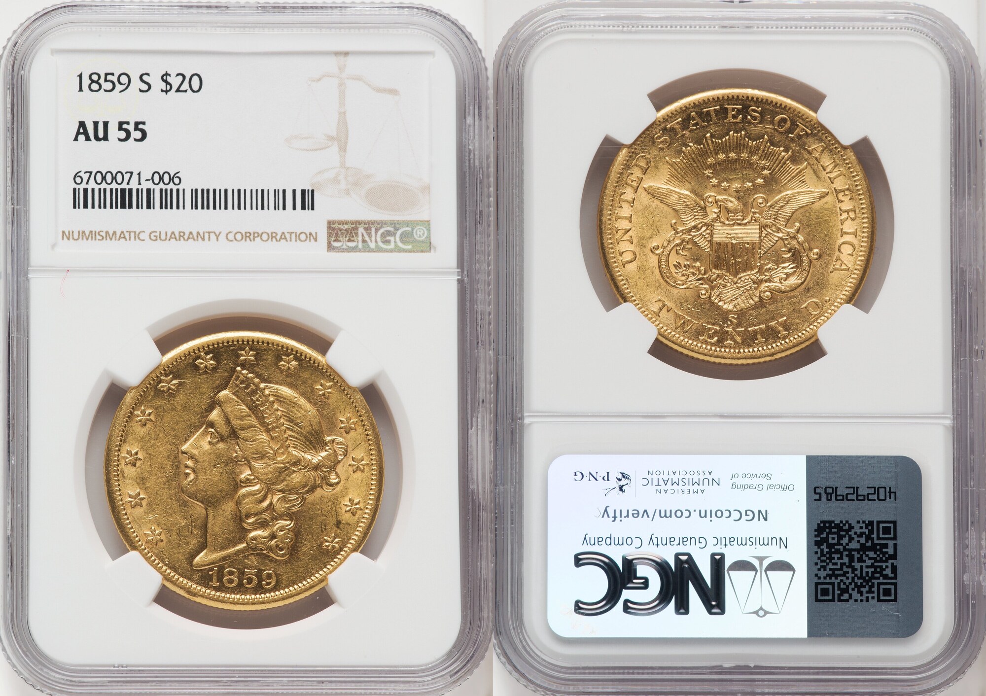 US 1859-S Liberty Head $20 NGC AU55 | MA-Shops