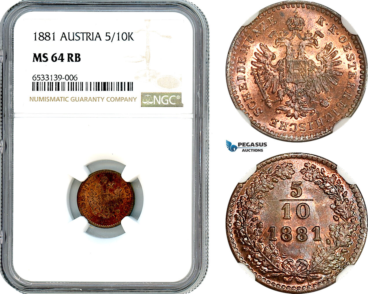 Austria 5/10 Kreuzer 1881 NGC MS64RB | MA-Shops