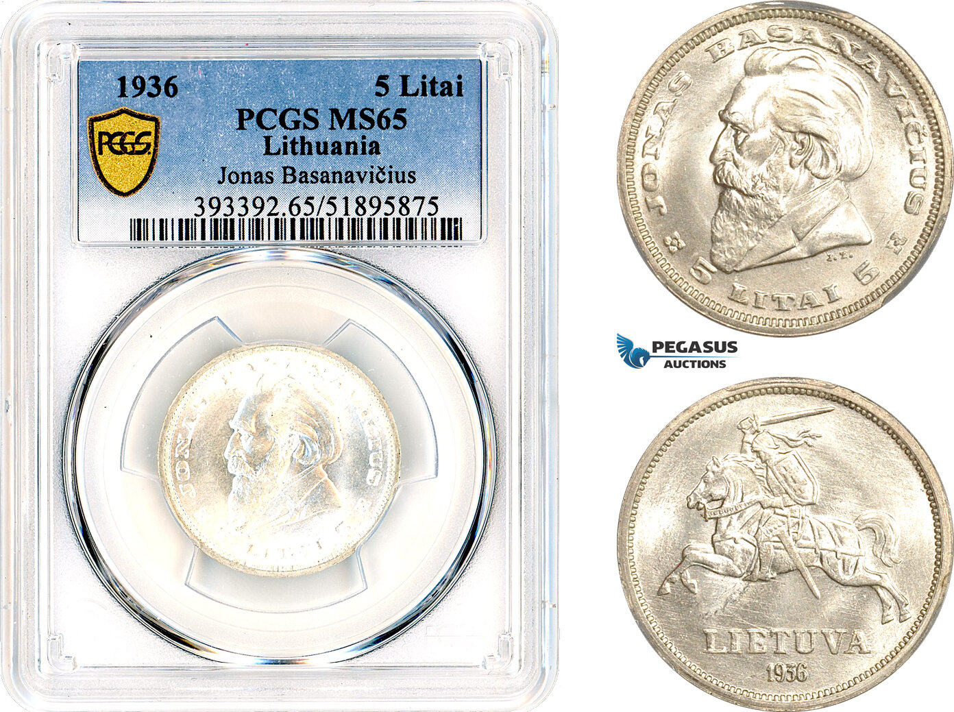 Lithuania 5 Litai 1936 PCGS MS65 | MA-Shops