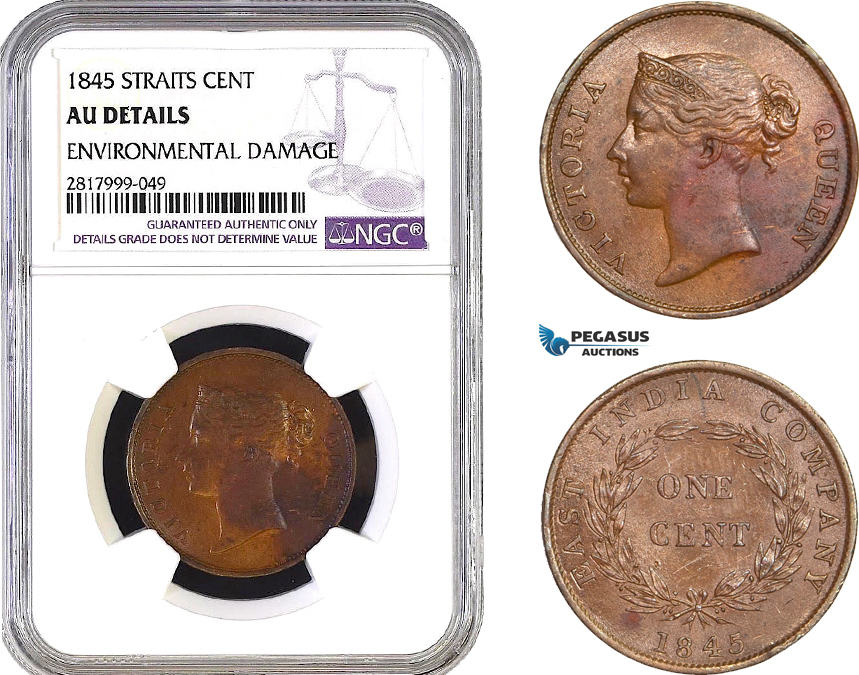 Straits Settlements 1 Cent 1845 NGC AU MA Shops