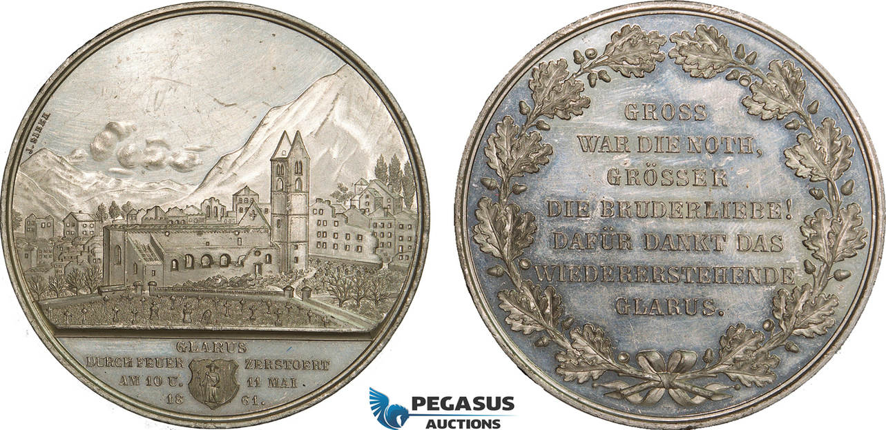 Switzerland Tin Medal 1861 Glarus destroyed by fire XF