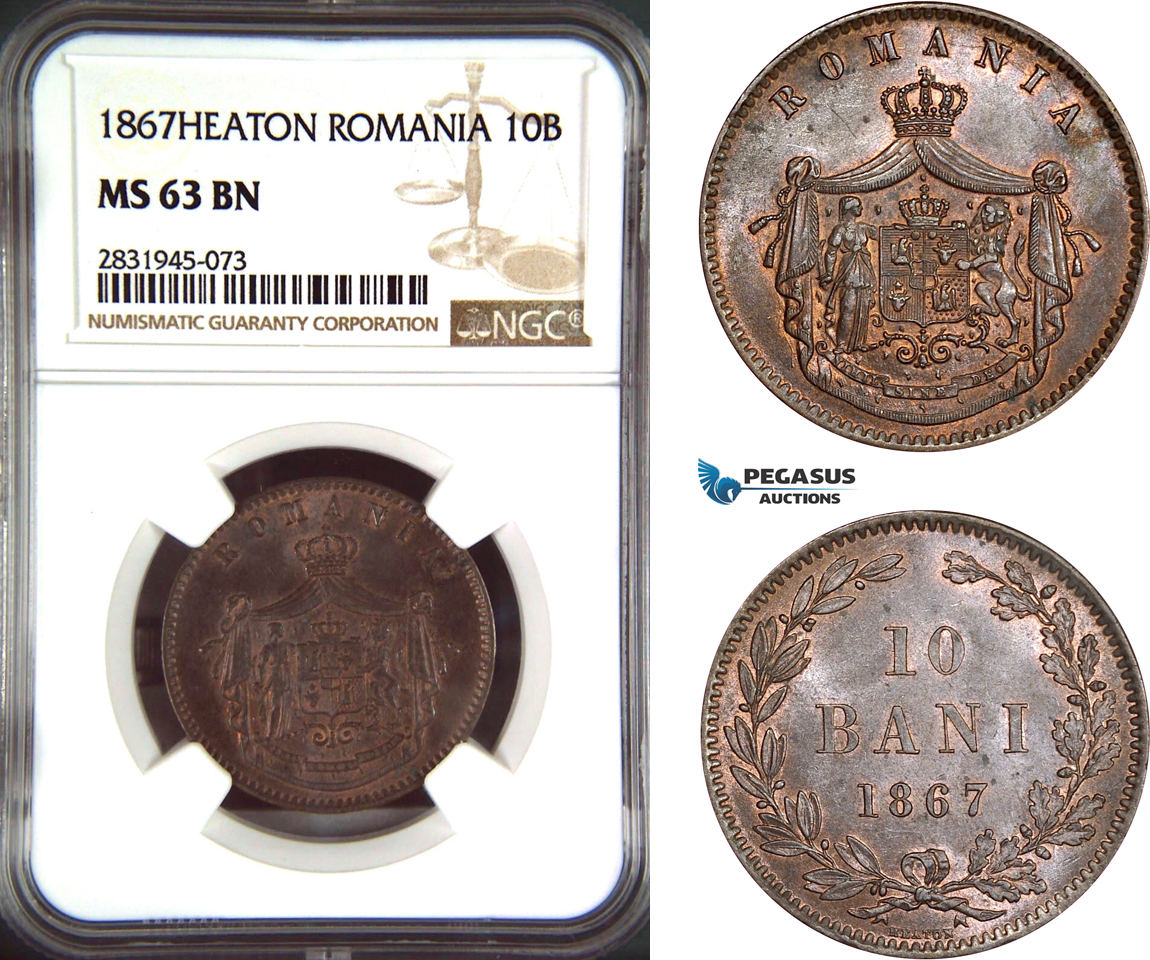 Romania 10 Bani 1867 Carol I NGC MS63BN | MA-Shops