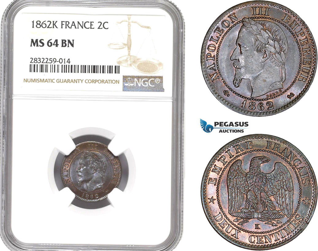 France 2 Centimes 1862 Napoleon III NGC MS64BN | MA-Shops