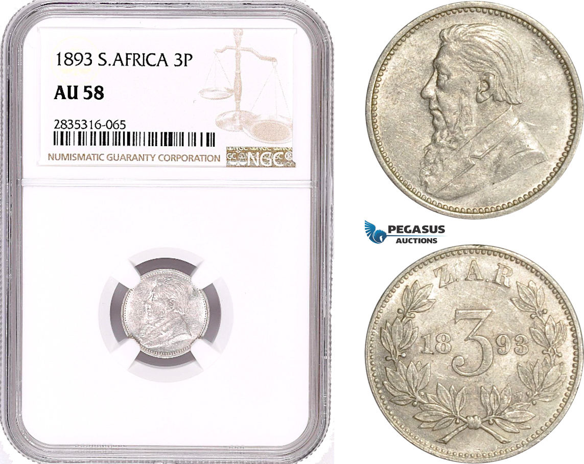 South Africa (ZAR) Threepence (3P) 1893 NGC AU58