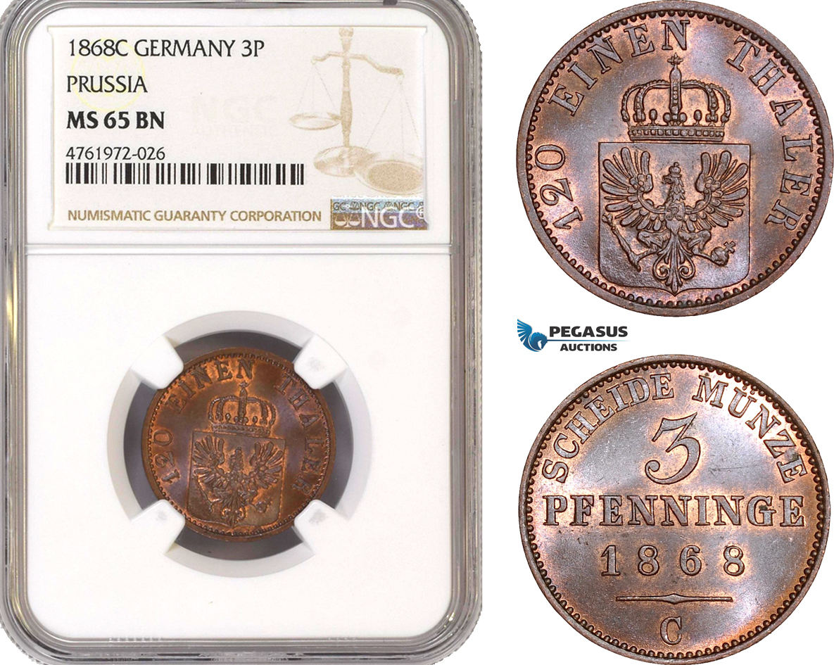 Germany 3 Pfenninge 1868 Prussia NGC MS65BN | MA-Shops