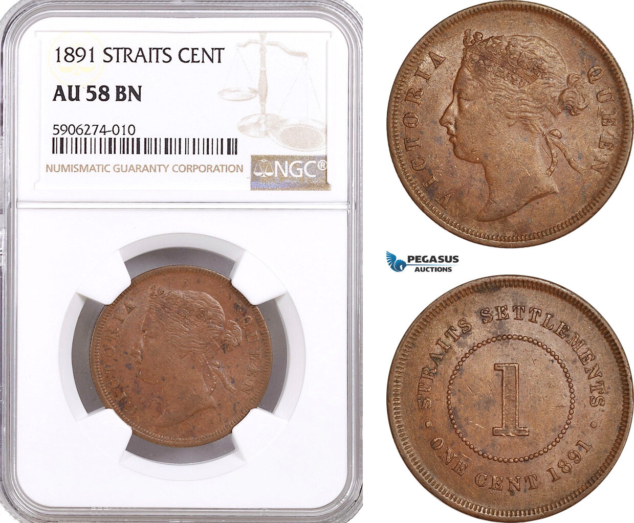 Straits Settlements 1 Cent 1891 Victoria NGC AU58BN | MA-Shops
