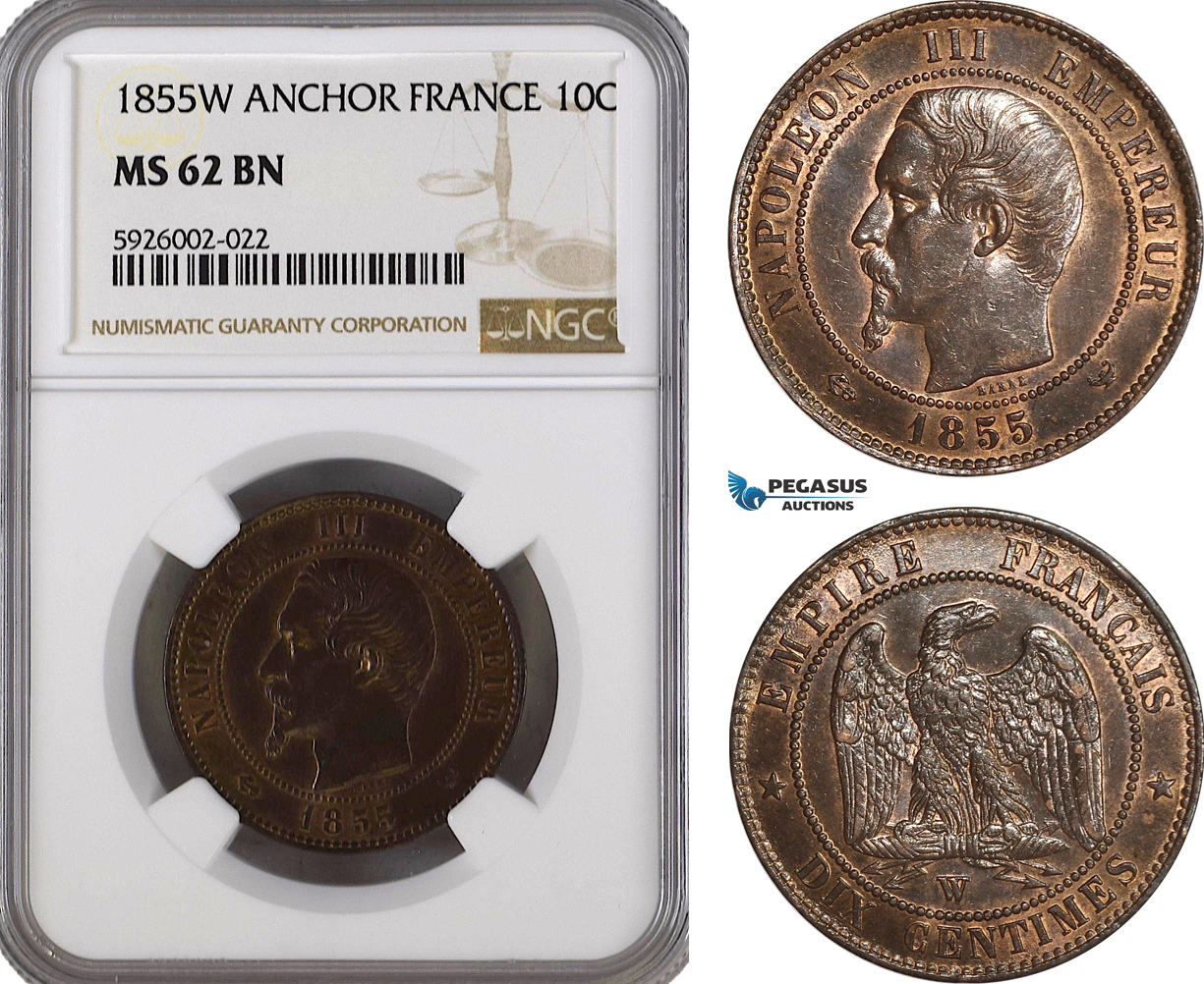 France 10 Centimes 1855 Napoleon III NGC MS62BN | MA-Shops