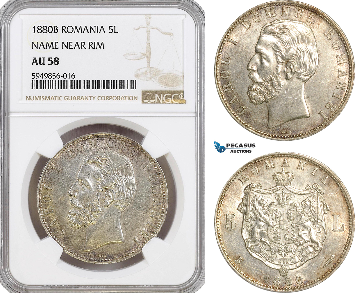 Romania: Carol I 5 Lei 1884-B AU55 NGC, Romania, Lot #31513