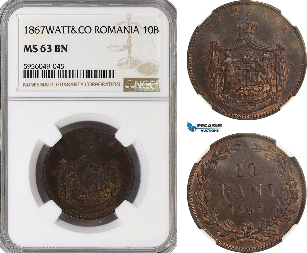 Romania 10 Bani 1867 Carol I NGC MS63BN | MA-Shops