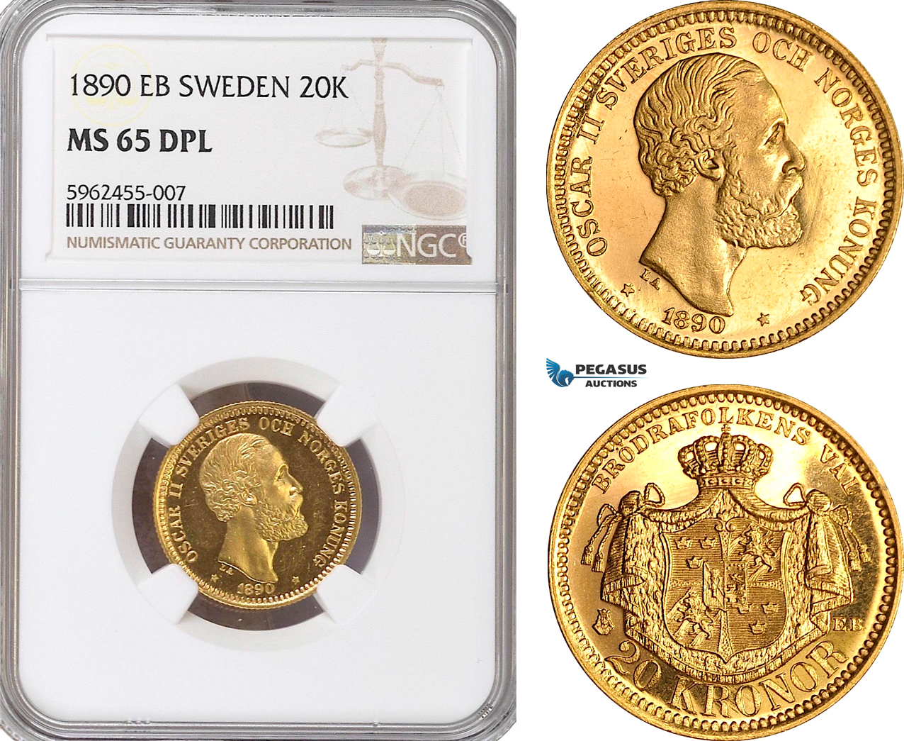 Sweden 20 Kronor 1890 Oscar II NGC MS65DPL | MA-Shops