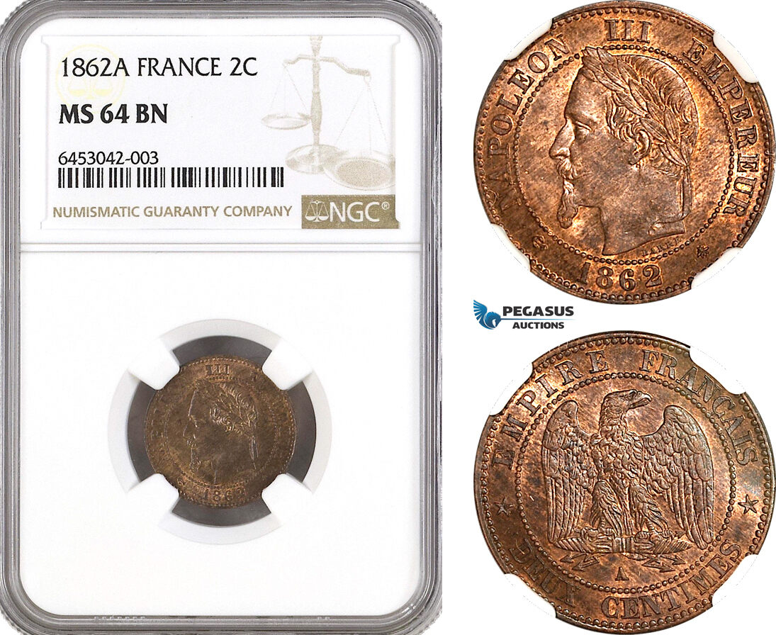 France 2 Centimes 1862 NGC MS64BN | MA-Shops