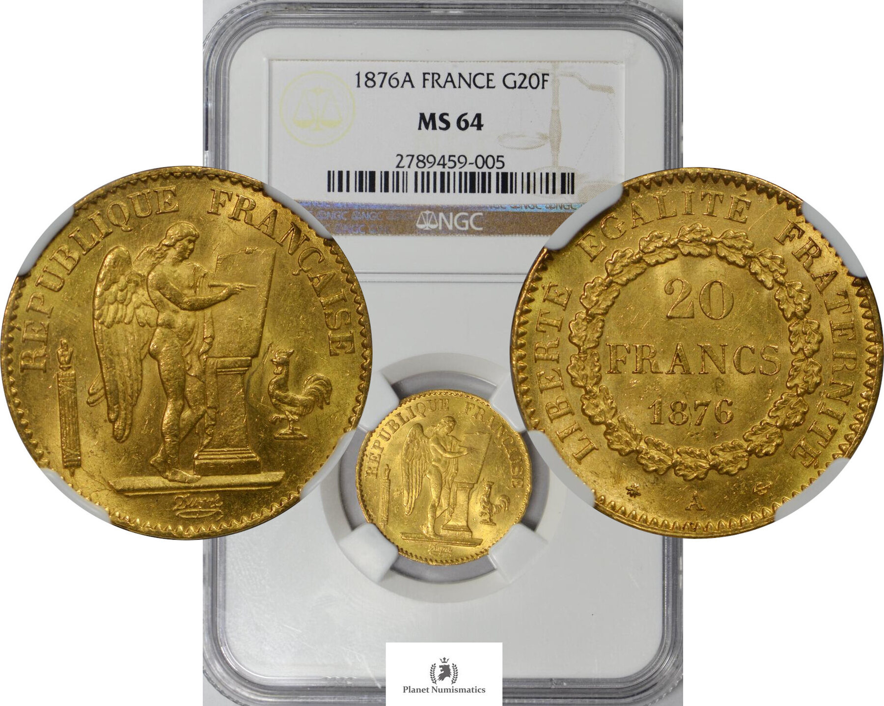 France Gold 20 Francs 1876 A N 1 NGC MS64