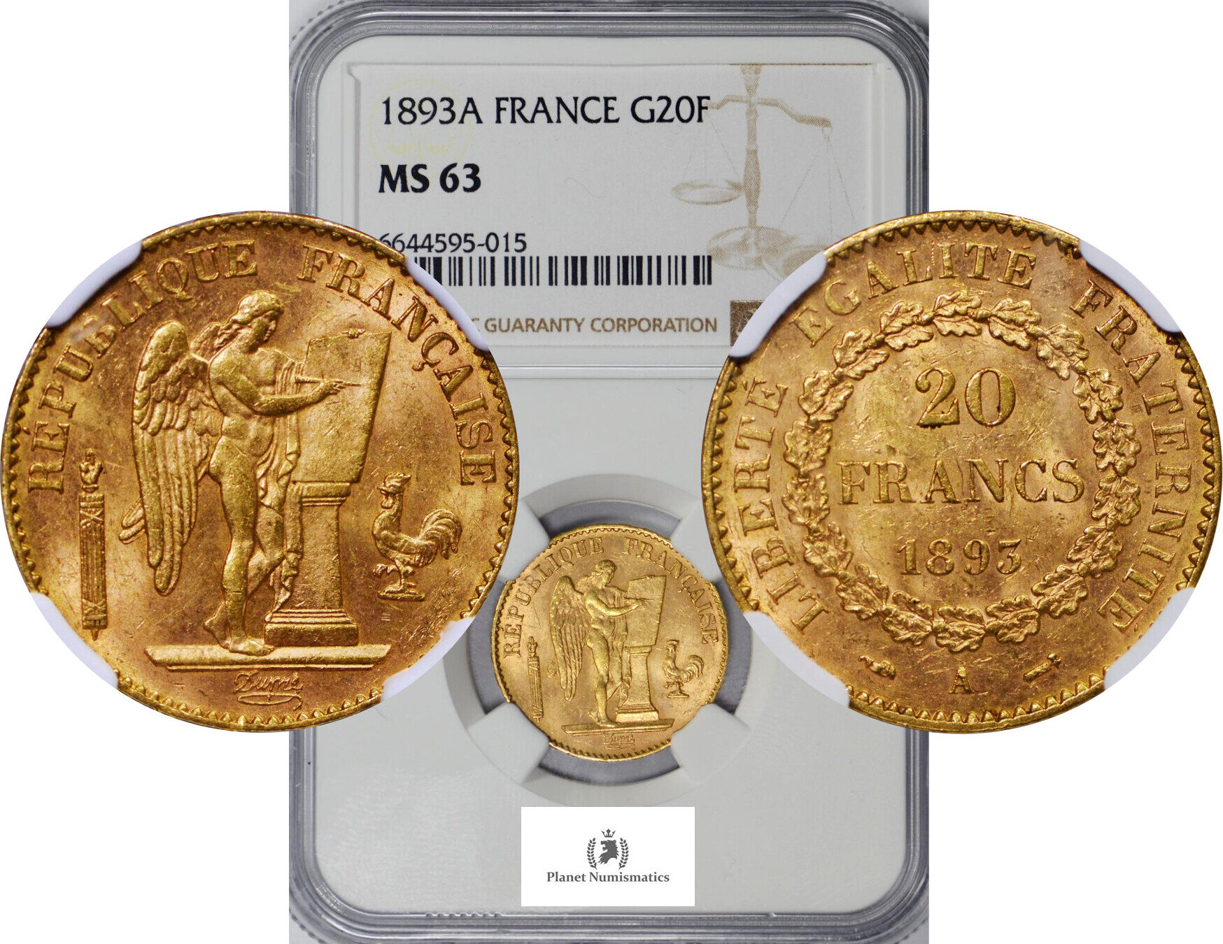 France Gold-20-Francs 1893-A 101023-15 NGC-MS63 | MA-Shops