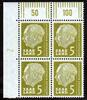 Saarland 5 Fr. Heuss Eckrandviererblock mit pos. Druckerzeichen 2 -