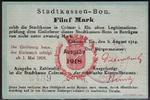 Deutsches Reich - Elsass 5 Mk. Kolmar/Colmar Alsace, Stadtkassenbon, Ausgabe 1918 auf 1914er-Scheinen -