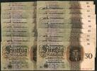 Deutsches Reich - Weimar 20x 50 Reichsmark fast komplettes Set aller Serienbuchstaben A-V des Unterdruckbuchstabens L -