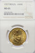 Brazil 1000 Reis 1927 NGC MS 65