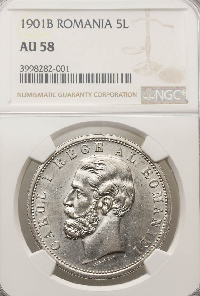 Romania 5 Lei 1901 B Carol I 1866-1914 NGC AU 58 | MA-Shops