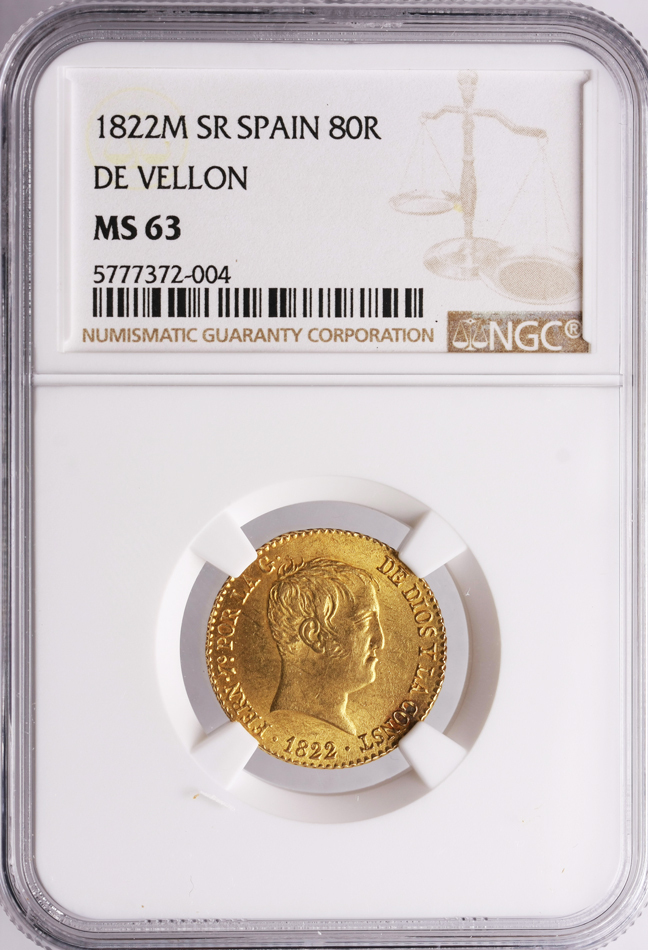 Spain 80 Reales 1822 M SR De Vellon, Ferdinand VII NGC MS 63