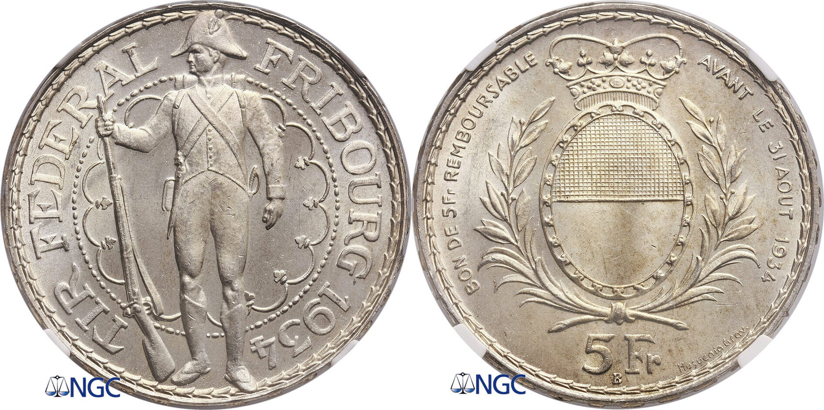 Switzerland - Fribourg 5 Francs 1934 B NGC MS 64 | MA-Shops