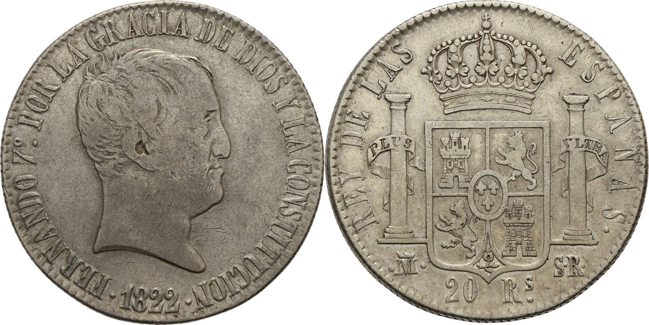 Spain 20 Reales 1822 Sr Ferdinand Vii Vf Ma Shops