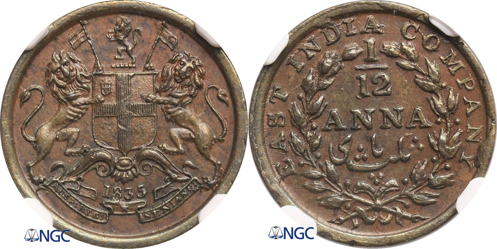 India British 1/12 Anna 1835 (B) NGC MS 63 BN | MA-Shops