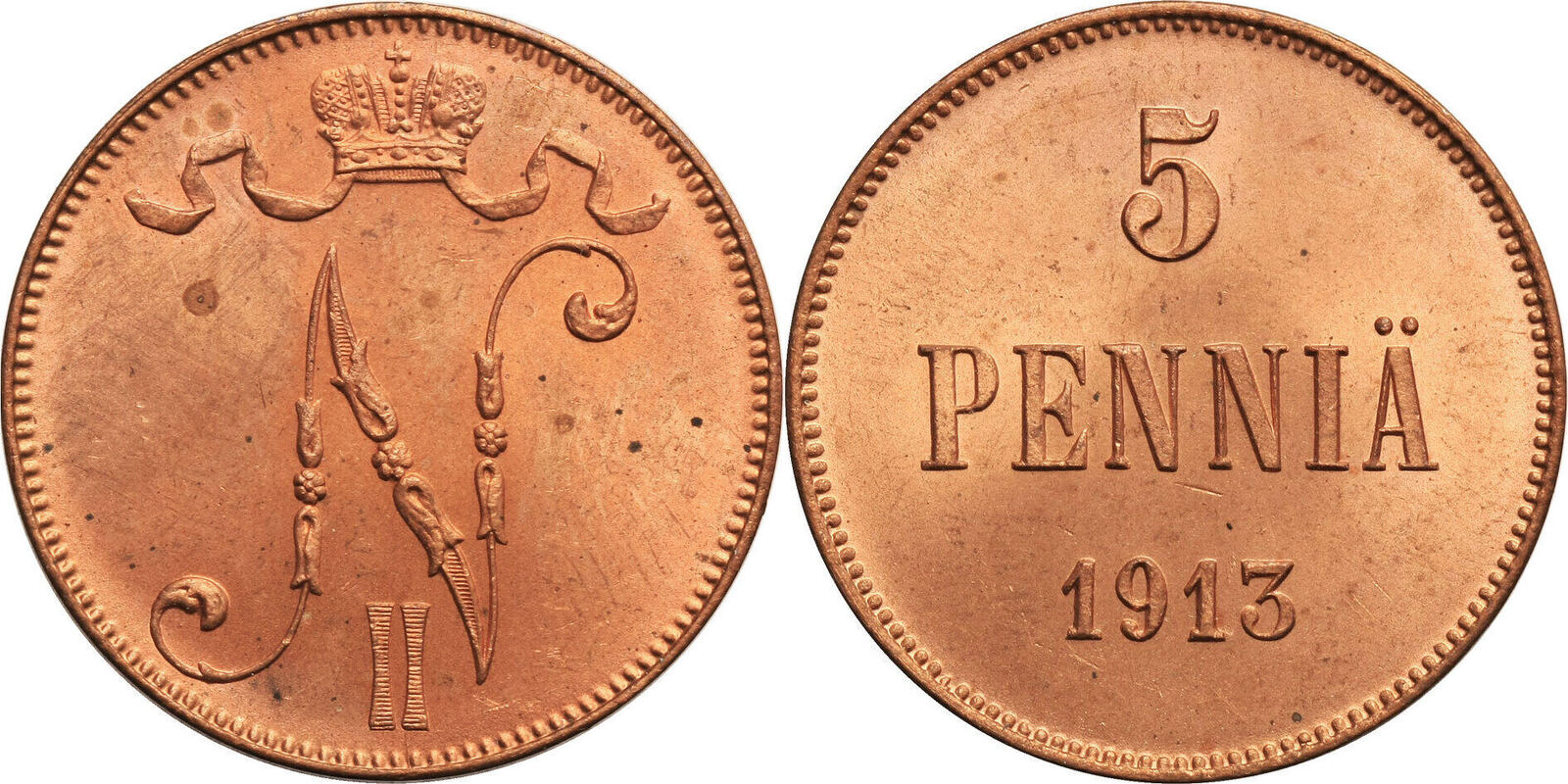 Finland (Russian occupation) 5 Pennia 1913 Nicholas II UNC Русские ...