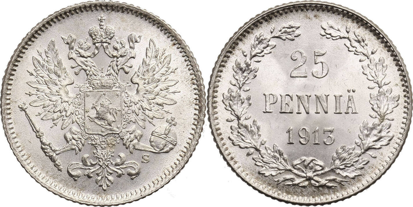Finland, (Russian occupation) 25 Pennia 1913 S Nicholas II BU | MA-Shops