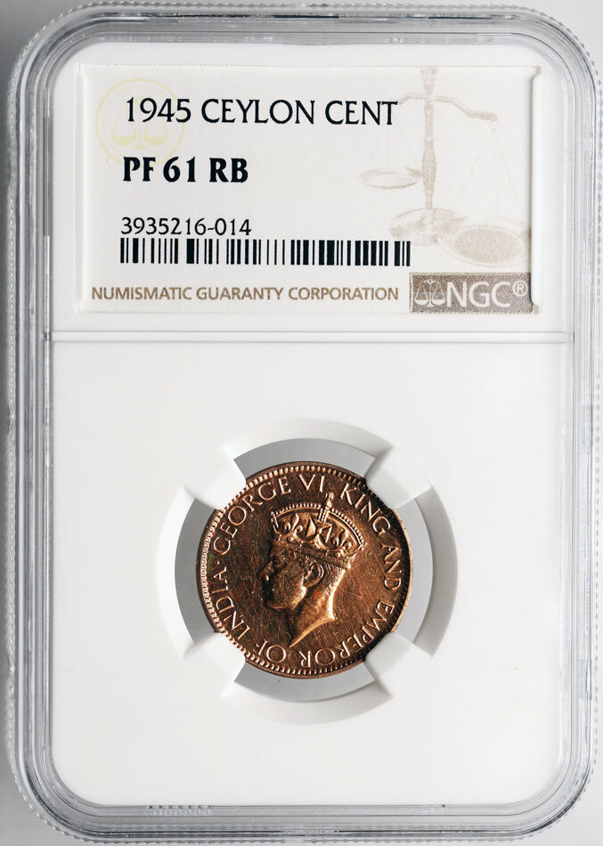 Ceylon (Sri Lanka) 1 Cent 1945 George VI (Proof) NGC PF 61 | MA-Shops