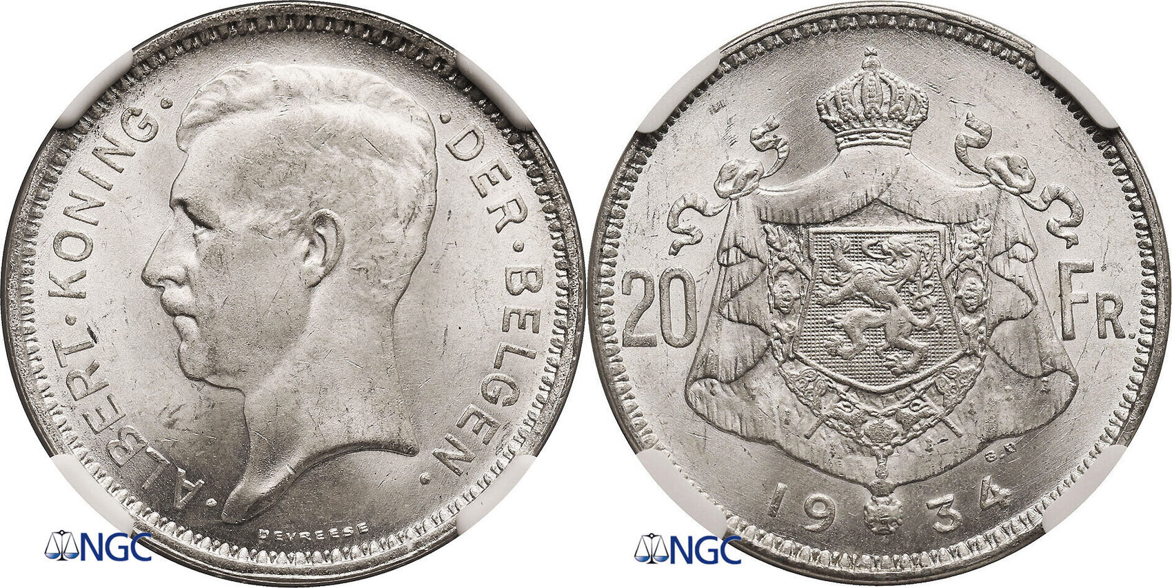 Belgium, Albert I 20 Francs 1934 BELGEN / position B NGC MS 64 
