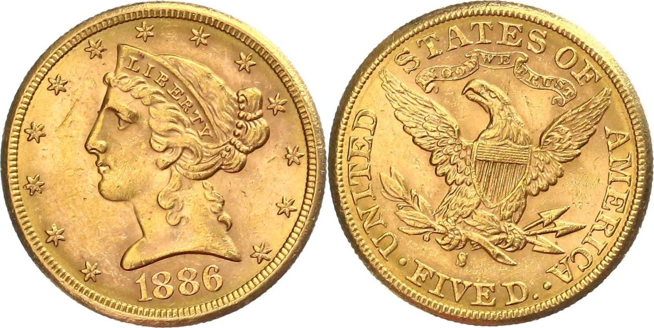 5 Dollar 1886 Usa Half Eagle Liberty Coronet Head 5 Dollar 1886 Usa Half Eagle Liberty Coronet Head S Gold In Vz Xf