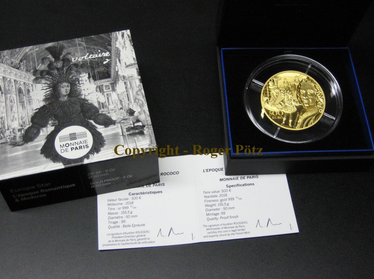 Frankreich 500 Euro Europa 2018 Barock und Rococo Voltaire 5 Unzen Gold PP proof