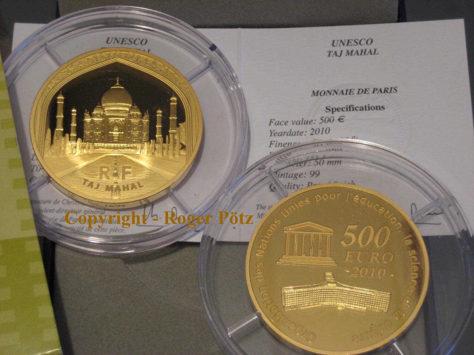 Frankreich 500 Euro 2010 5 Unzen Fein Gold Taj Mahal UNESCO Serie nur 99 Ex. Auflage Proof