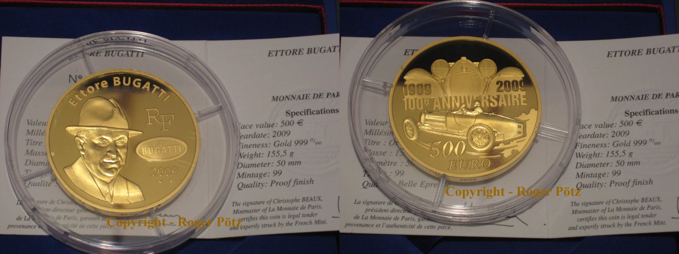 FRANKREICH 500 Euro 5 Unzen Gold Ettore Bugatti 2009 nur 85 Ex. Auflage UNC