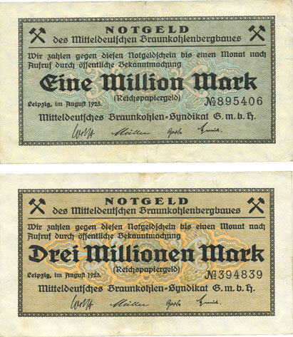 Germany Emergency Notes 1914 1923 K Z Leipzig Mitteldeutsches Braunkohlen Syndicat G M B H Billets 1 3 Millions Mark Aout 1923 2 Billets Vf Tb Et Tb Vf Ma Shops