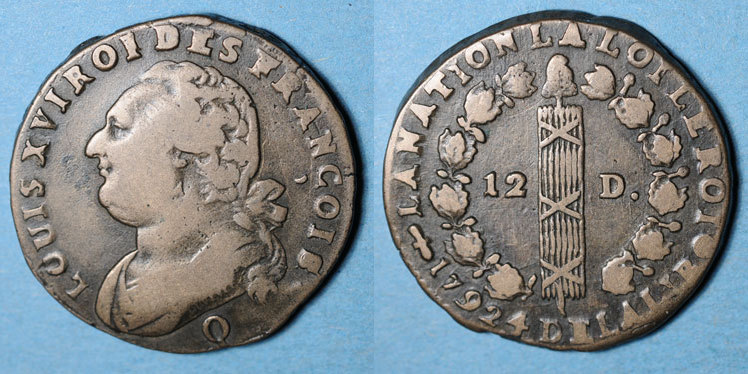 FRENCH MODERN COINS 1792 Q Constitution 1791 1792 . 12 deniers