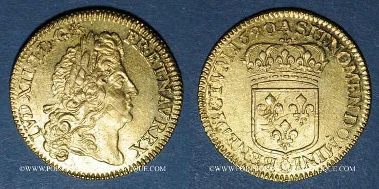 FRENCH ROYAL GOLD COINS 1690 A Louis XIV (1643-1715). Louis d'or à ...