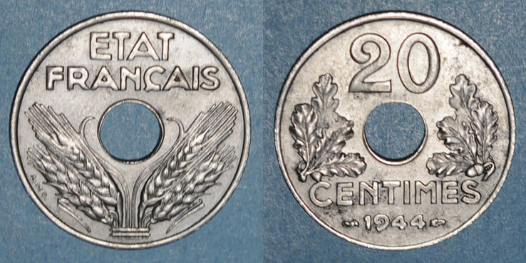 FRENCH MODERN COINS 1944 Etat Fran ais 1940 1944 . 20 centimes