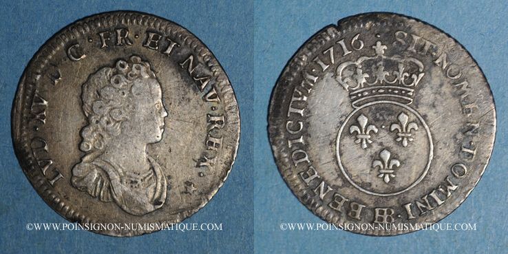 FRENCH ROYAL COINS 1716 BB Louis XV (1715-1774). 1/10 écu vertugadin