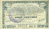 FRENCH EMERGENCY NOTES 20 centimes Pas de Calais, Somme et Nord, Groupement de 70 communes. Billet. série 1A -