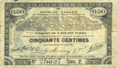 FRENCH EMERGENCY NOTES 50 centimes Pas de Calais, Somme et Nord, Groupement de 70 communes. Billet. série 2 -