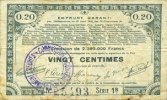 FRENCH EMERGENCY NOTES 20 centimes Pas de Calais, Somme et Nord, Groupement de 70 communes. Billet. série 1B -