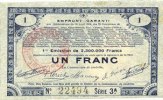 FRENCH EMERGENCY NOTES 1 franc Pas de Calais, Somme et Nord, Groupement de 70 communes. Billet. série 3A -