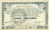 FRENCH EMERGENCY NOTES 20 centimes Pas de Calais, Somme et Nord, Groupement de 70 communes. Billet. série 1A -