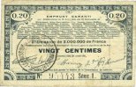 FRENCH EMERGENCY NOTES 20 centimes Pas de Calais, Somme et Nord, Groupement de 70 communes. Billet. série 1 -