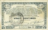 FRENCH EMERGENCY NOTES 20 centimes Pas de Calais, Somme et Nord, Groupement de 70 communes. Billet. série 1A -