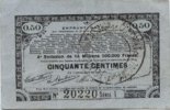 FRENCH EMERGENCY NOTES 50 centimes Pas de Calais, Somme et Nord, Groupement de 70 communes. Billet. série 1 -
